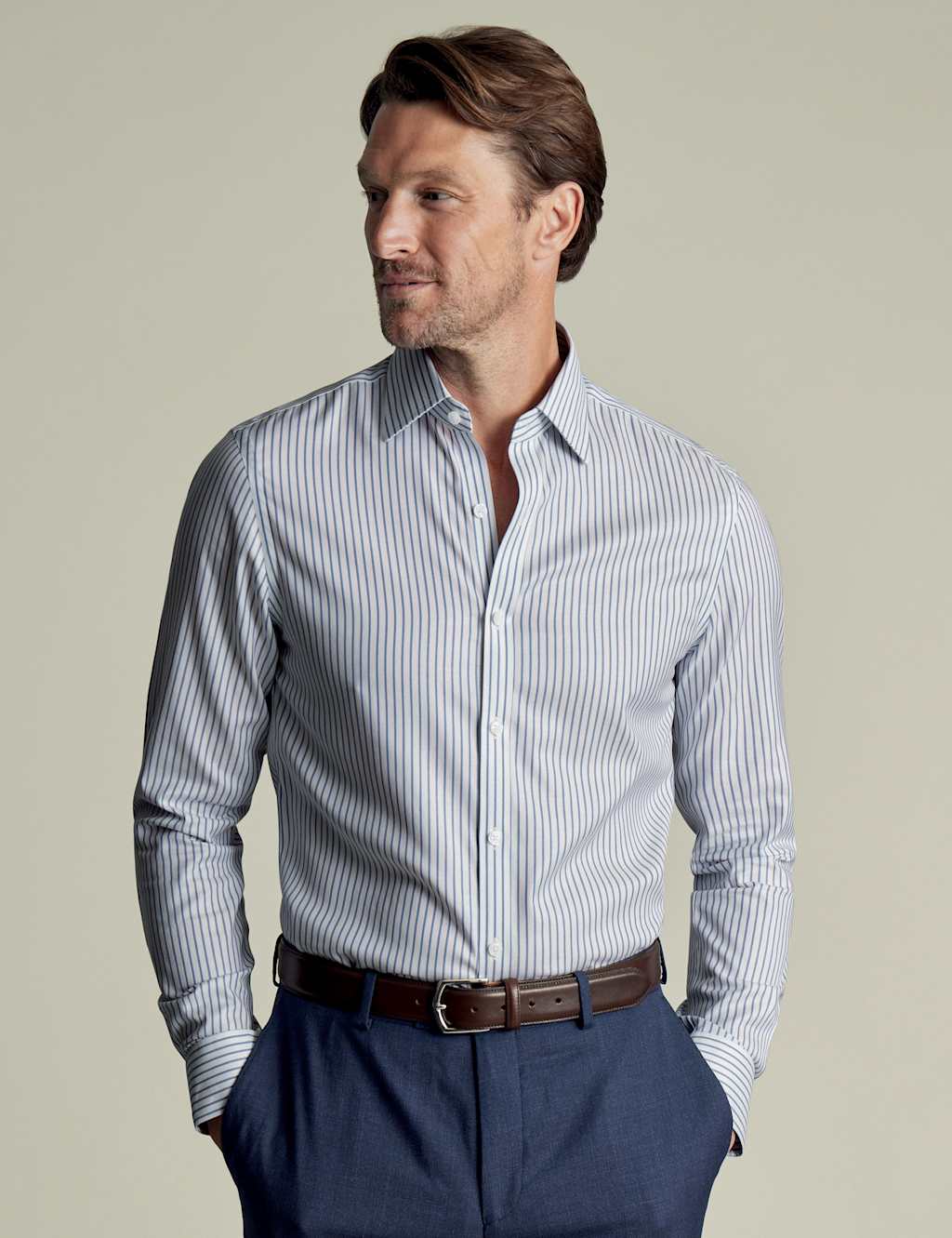 Charles Tyrwhitt Men's Slim Fit Non-Iron Pure Cotton Striped Shirt - 1634 - Blue Mix, Blue Mix,Pink