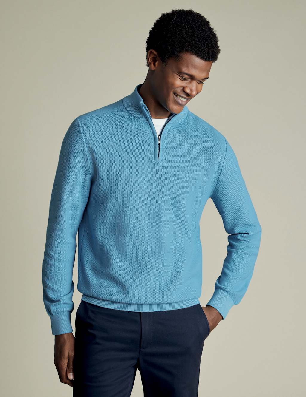 Pure Cotton Textured Half-Zip Jumper