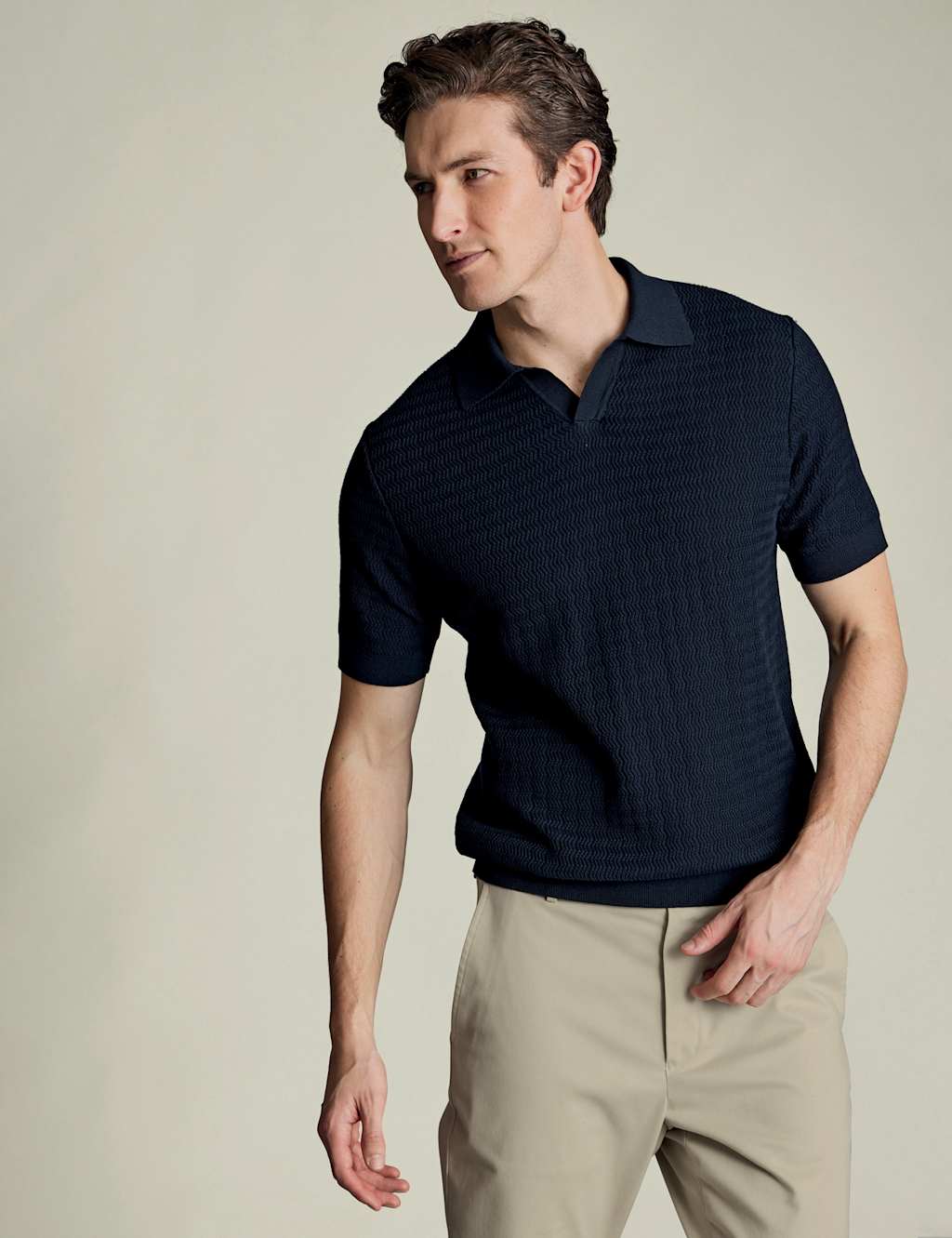 Charles Tyrwhitt Pure Cotton Textured Knitted Polo Shirt Navy Mix
