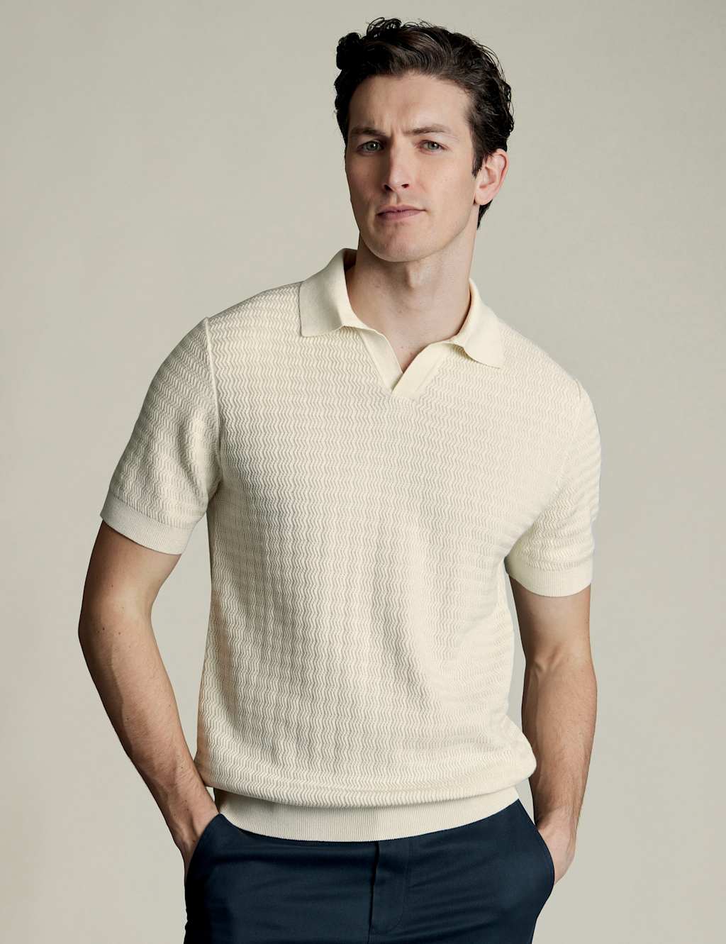 Charles Tyrwhitt Pure Cotton Textured Knitted Polo Shirt Cream Mix