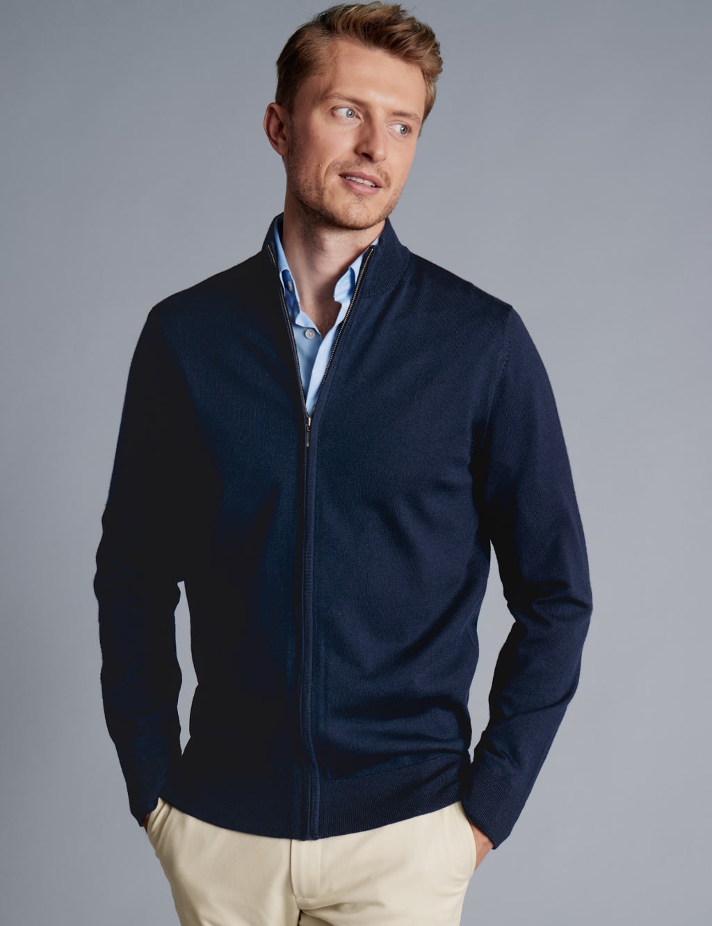 Charles Tyrwhitt Men's Pure Extra Fine Merino Wool Zip Up Cardigan - Blue, Blue,Grey