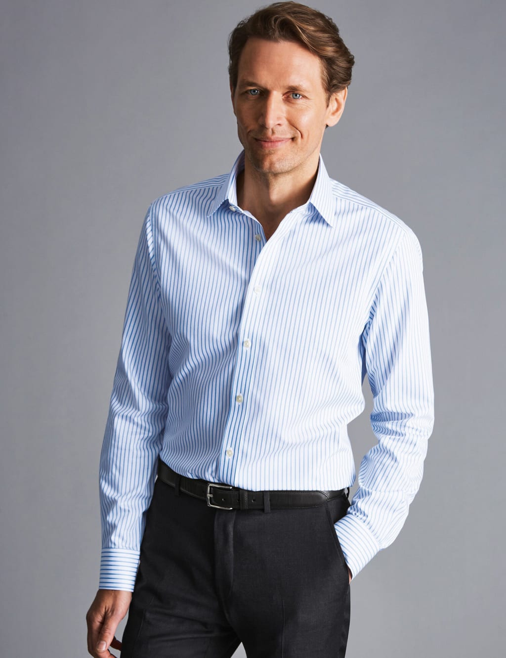Charles Tyrwhitt Men's Slim Fit Non Iron Pure Cotton Striped Shirt - 15.5/34 - White, White