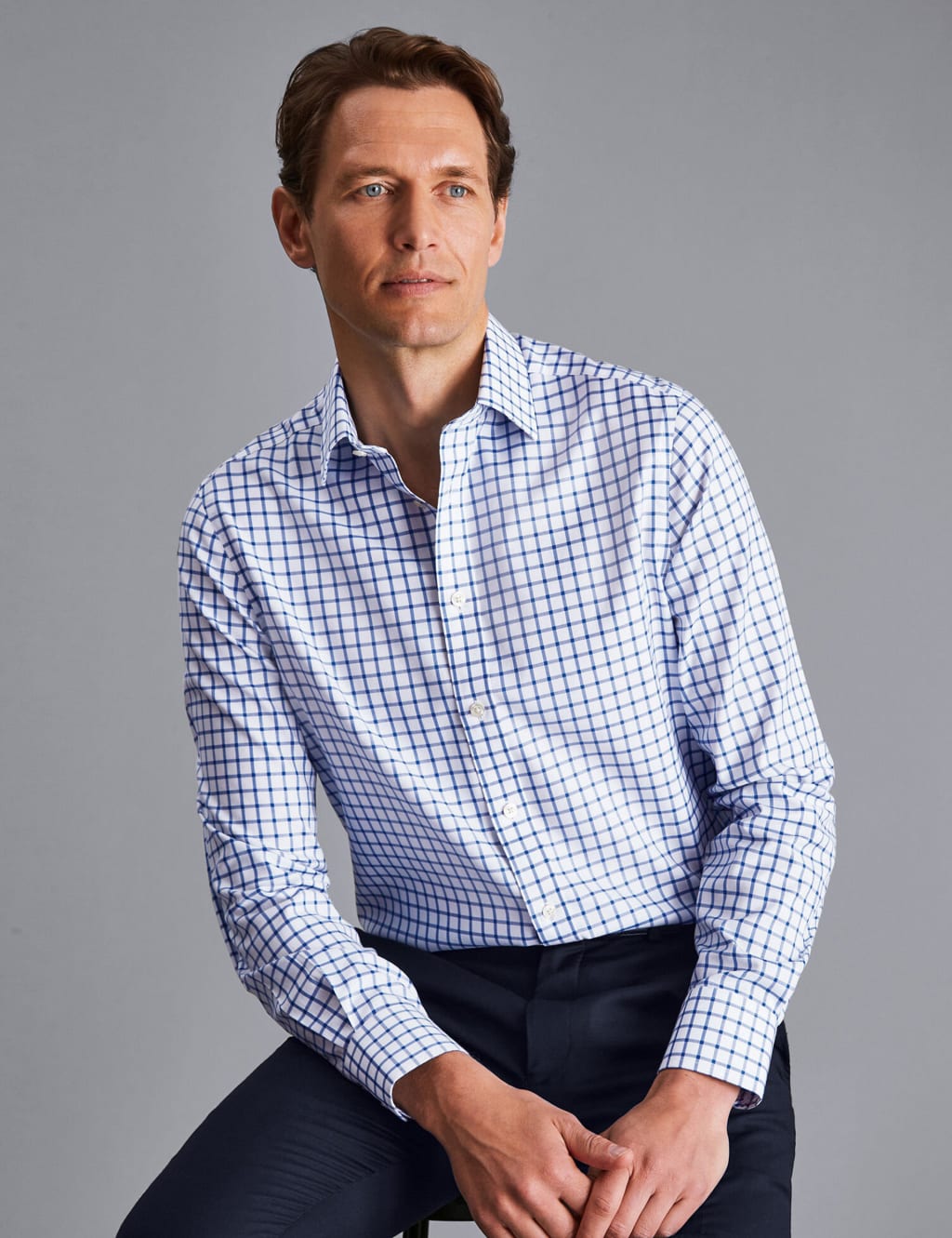 Charles Tyrwhitt Men's Slim Fit Non Iron Pure Cotton Check Shirt - 15.5/34 - Blue, Blue