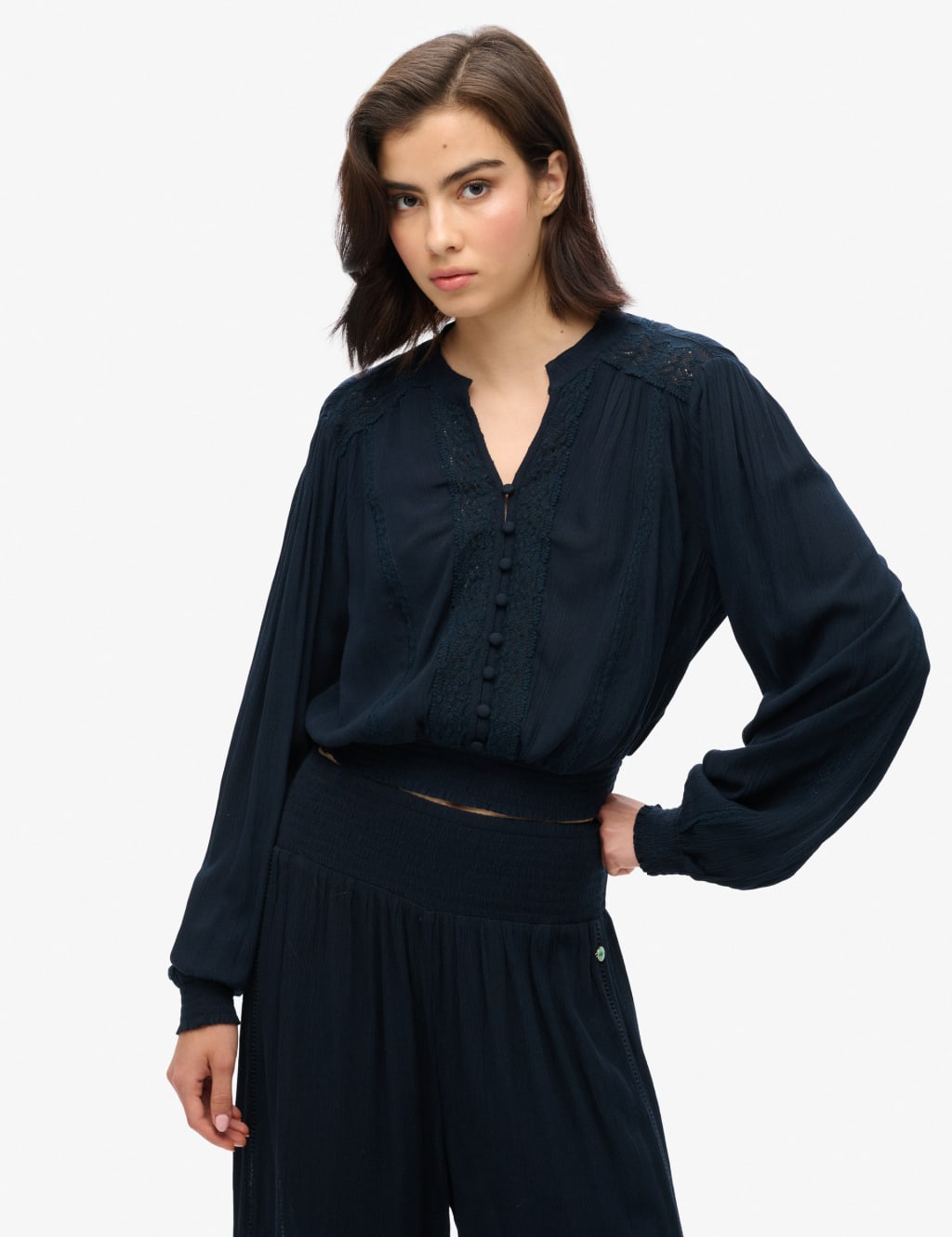 Lace Trim V-Neck Button Through Blouse