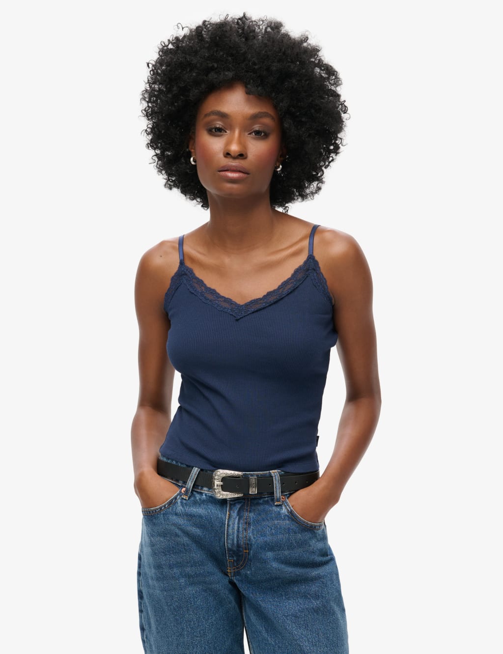 Pure Cotton Ribbed V-Neck Lace Trim Cami Top