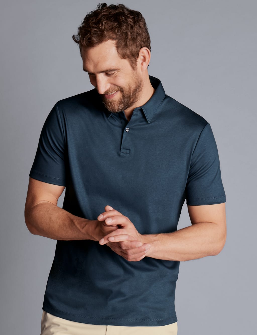Charles Tyrwhitt Men's Pure Cotton Button Down Collar Polo Shirt - M - Blue, Blue