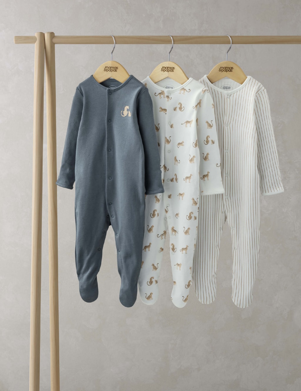 3pk Pure Cotton Leopard & Stripe Sleepsuits (0-24 Mths)