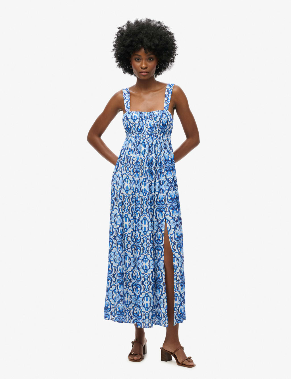 Superdry & Co Printed Square Neck Strappy Maxi Slip Dress Blue Mix