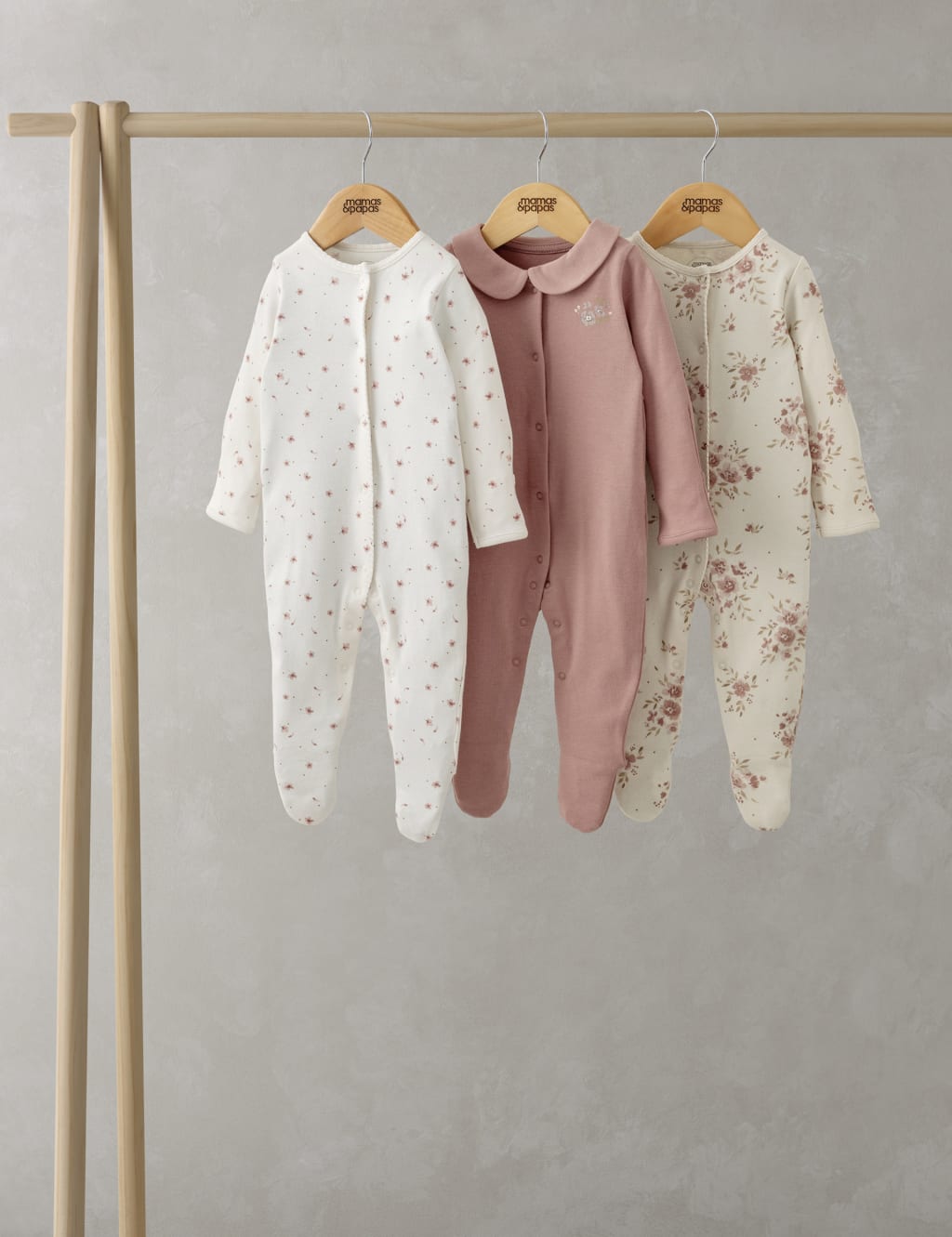 Mamas & Papas Girls 3pk Pure Cotton Floral Sleepsuits (0-24 Mths) - 6-9 M - Pink, Pink