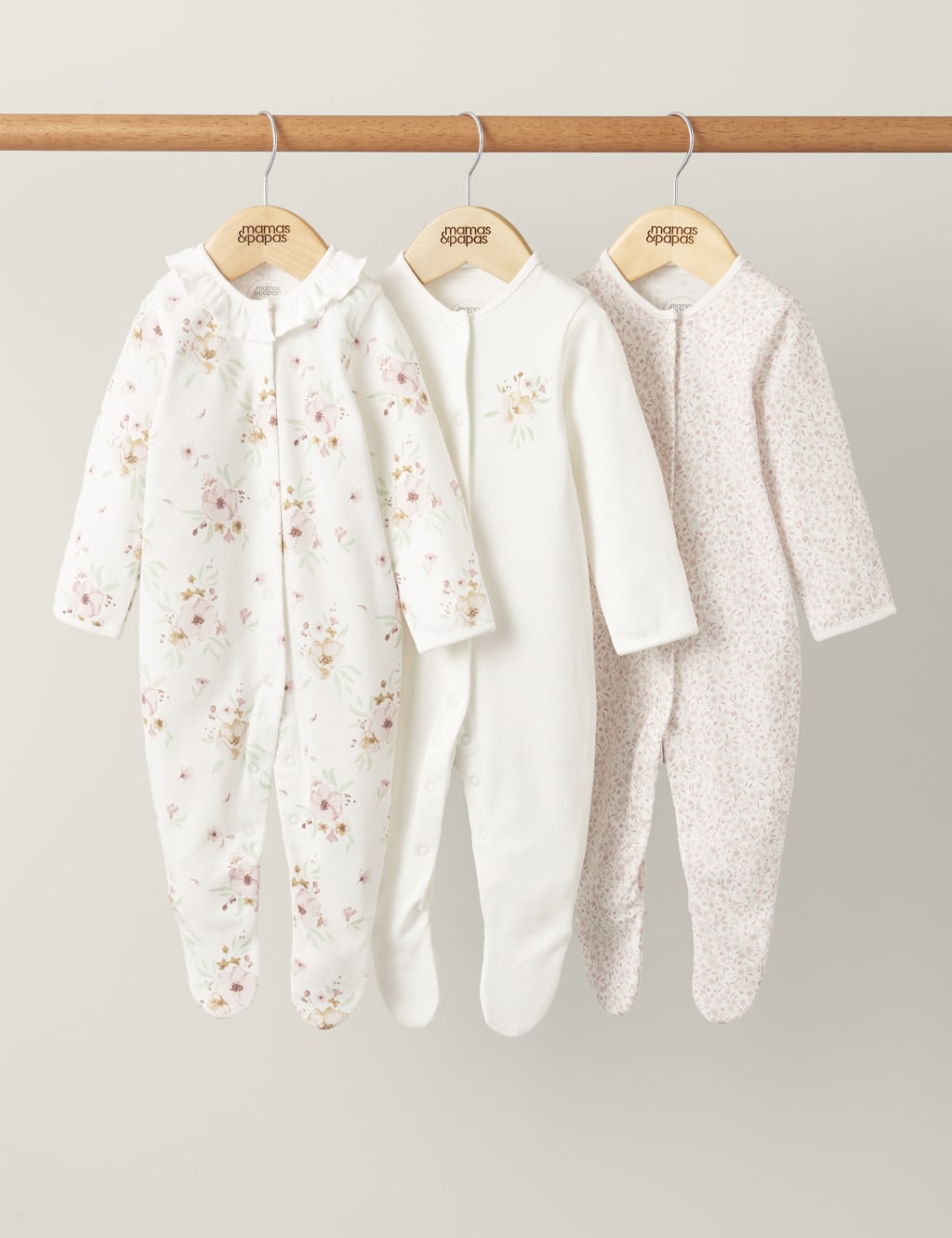 Mamas & Papas Girls 3pk Pure Cotton Floral Sleepsuits (7lbs-2 Yrs) - NB - White Mix, White Mix
