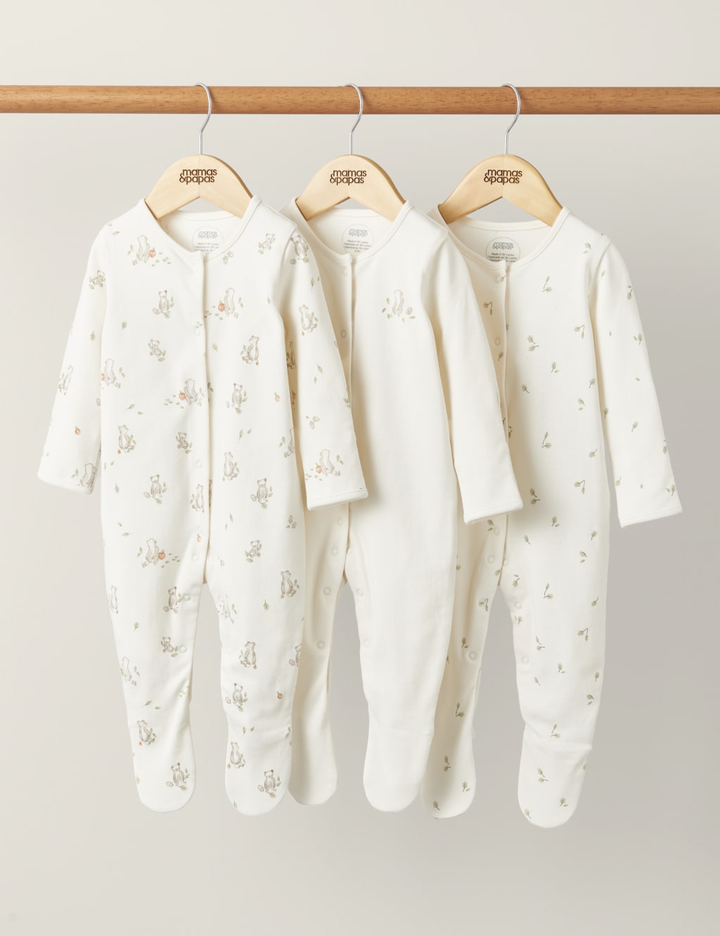 3pk Pure Cotton Bear & Leaf Sleepsuits (7lbs-2 Yrs)