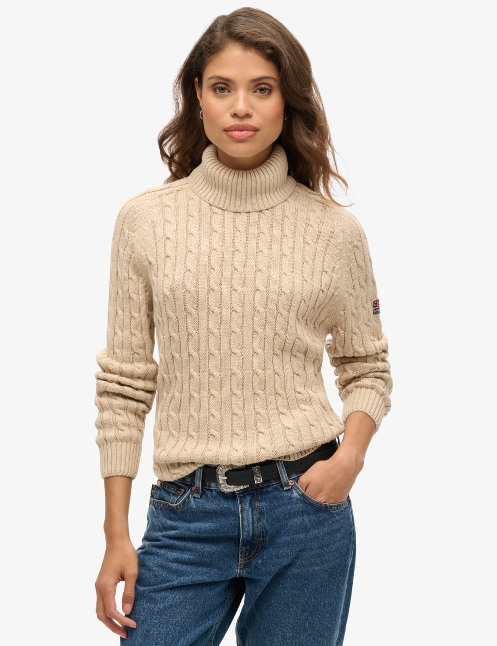 Pure Cotton Cable Knit Roll Neck Jumper