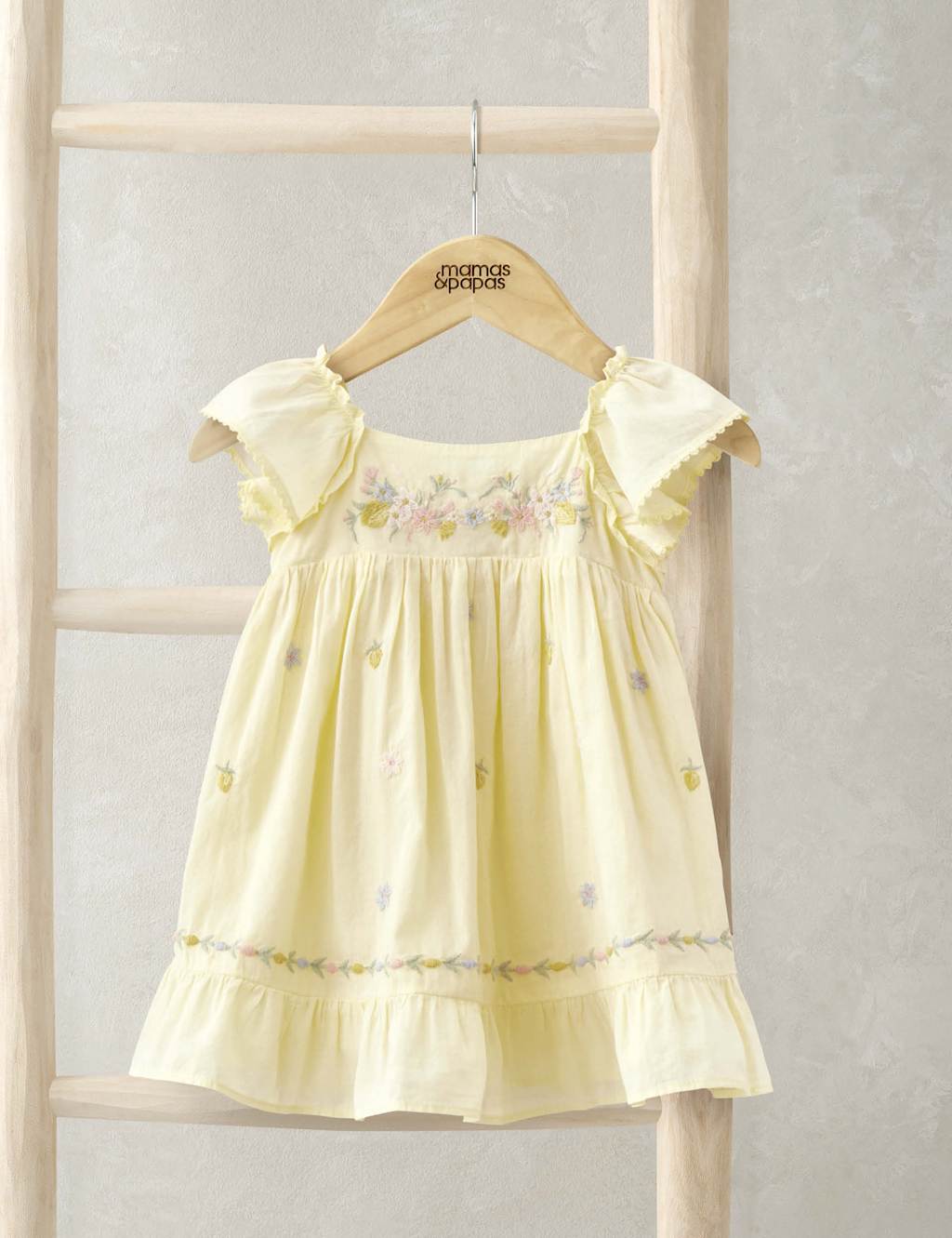 Mamas & Papas Girls Pure Cotton Frill Embroidered Dress (0-3 Yrs) - 9-12M - Yellow Mix, Yellow Mix