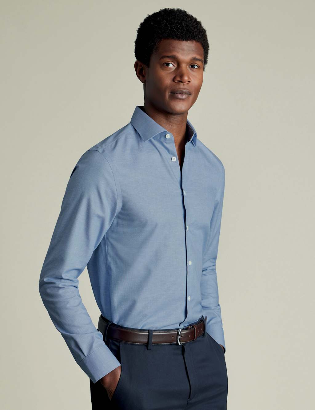 Charles Tyrwhitt Men's Slim Fit Non Iron Cotton Linen Blend Shirt - 1634 - Light Blue, Light Blue,Da