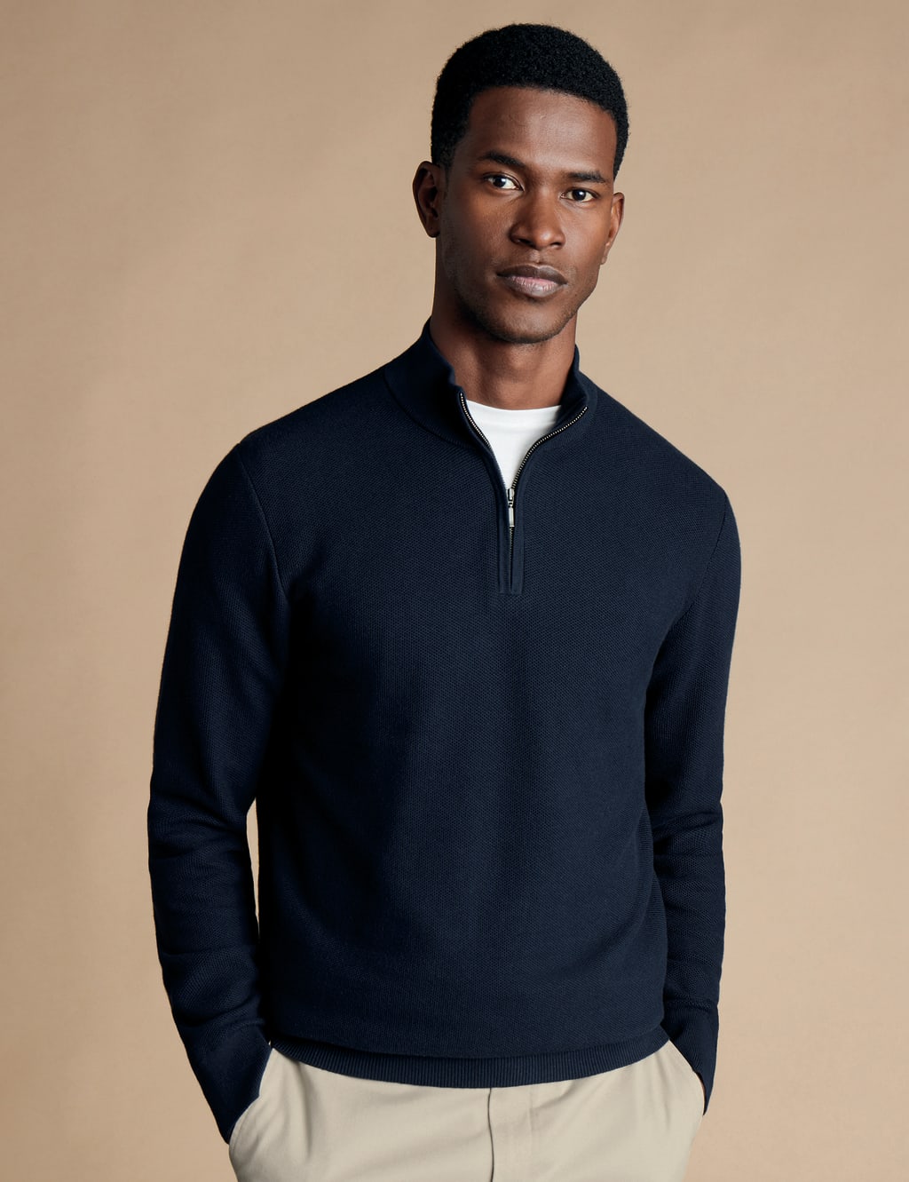 Pure Cotton Textured Half Zip Jumper