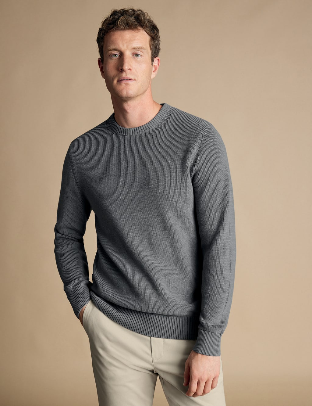 Pure Cotton Ribbed Crew Neck Jumper