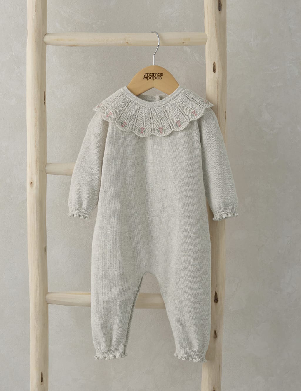 Mamas & Papas Girls Pure Cotton Knitted Floral Romper (0-24 Mths) - 6-9 M - Beige, Beige
