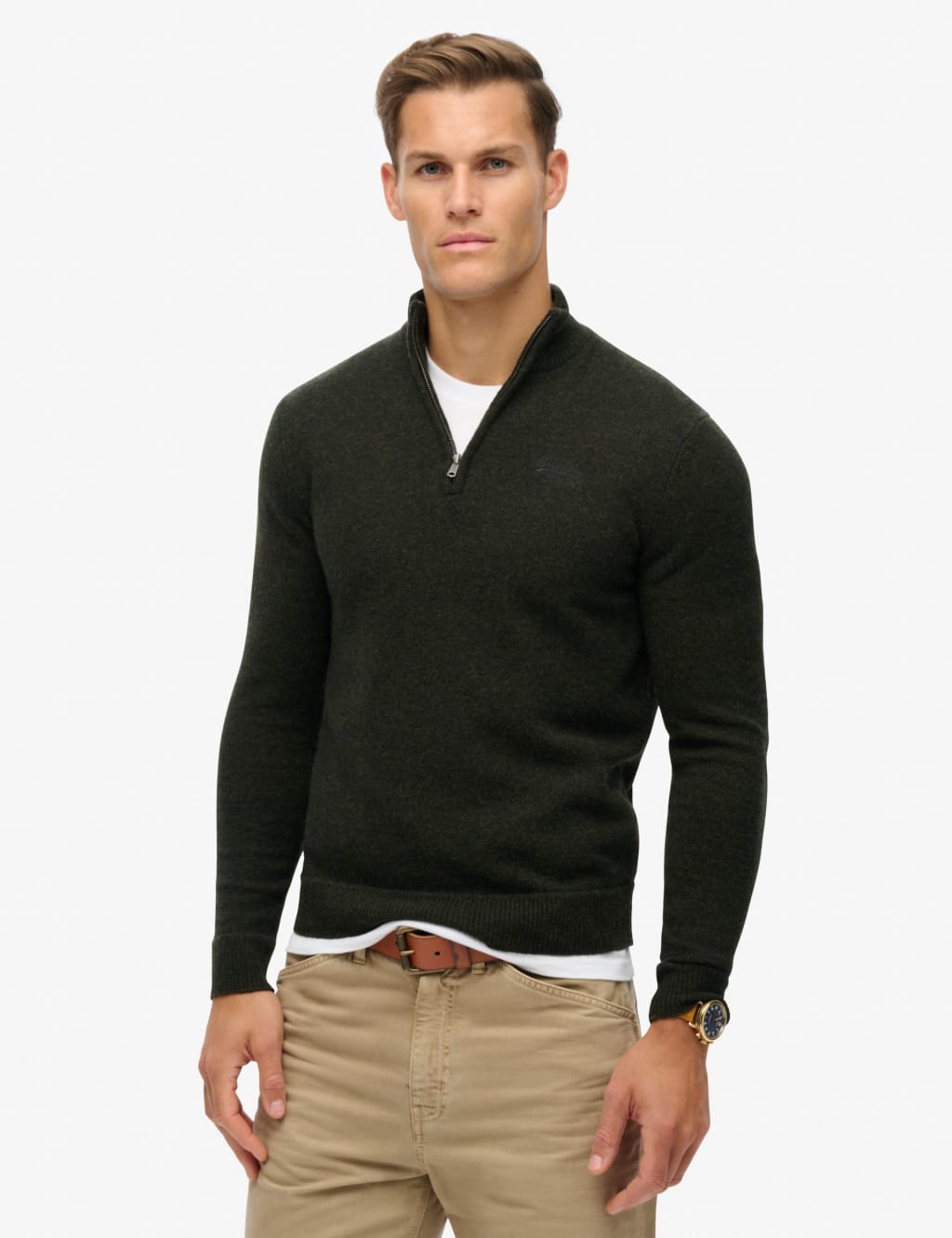 Wool Blend Cable V-Neck Half Zip Jumper