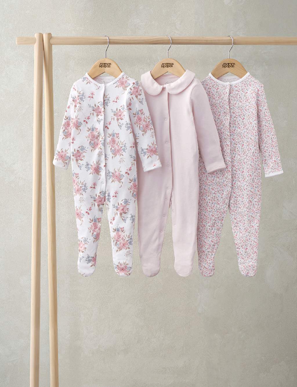 Mamas & Papas Girls 3pk Pure Cotton Floral Sleepsuits (0-24 Mths) - 0-3 M - Pink Mix, Pink Mix