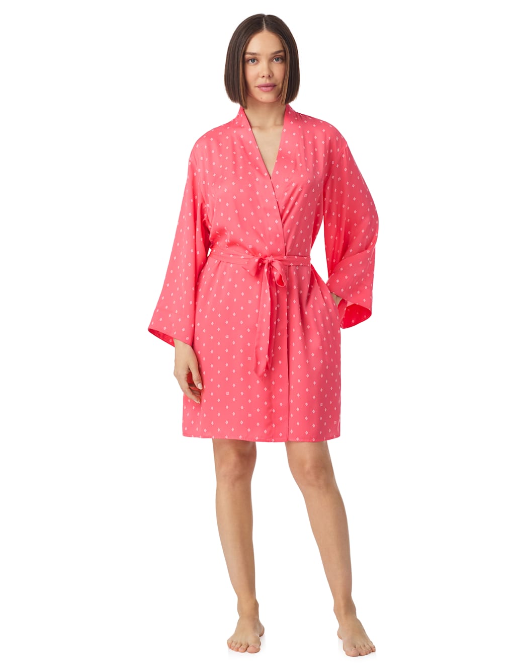Satin Geometric Tie Short Kimono Robe