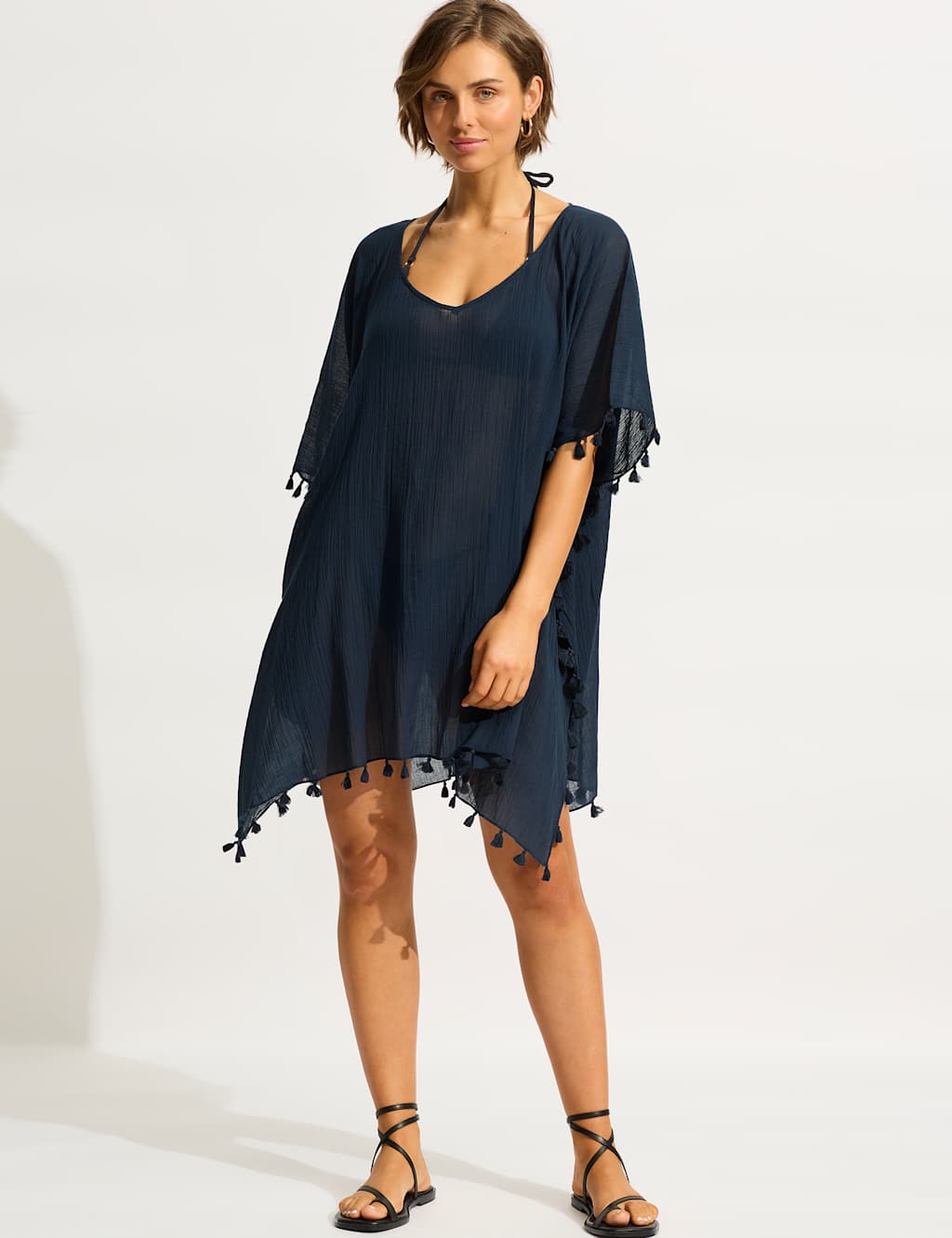Seafolly Amnesia Pure Cotton Tassel Beach Cover Up Kaftan Navy