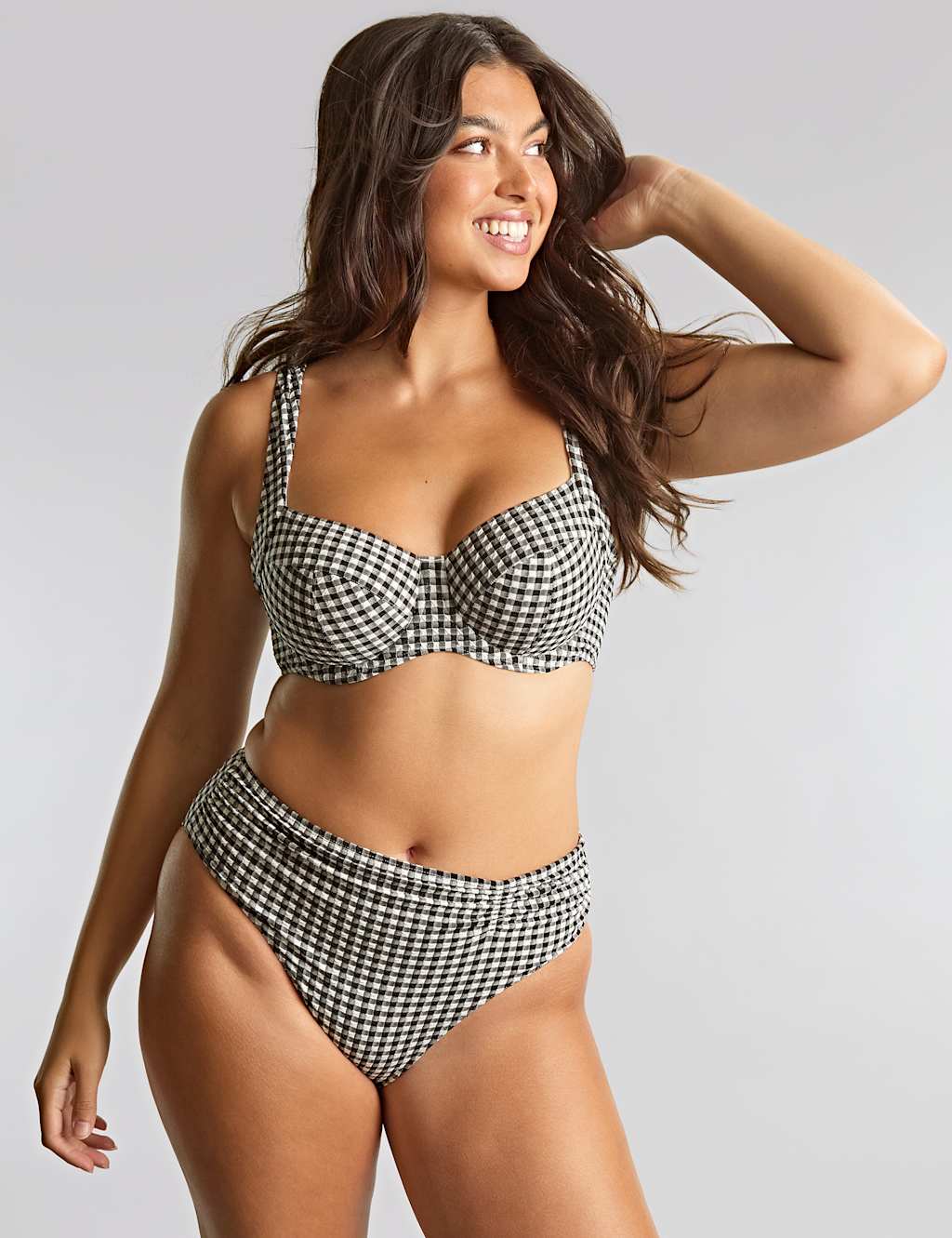 Panache Gingham Textured Ruched Bikini Bottoms Black Mix
