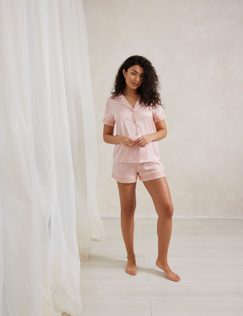Satin Lace Trim Shortie Set