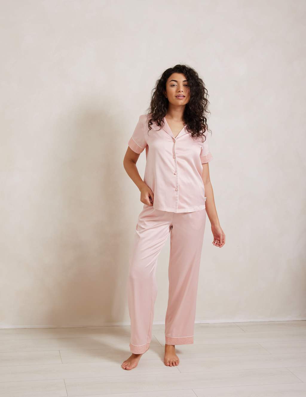 Satin Lace Trim Button Up Pyjama Set
