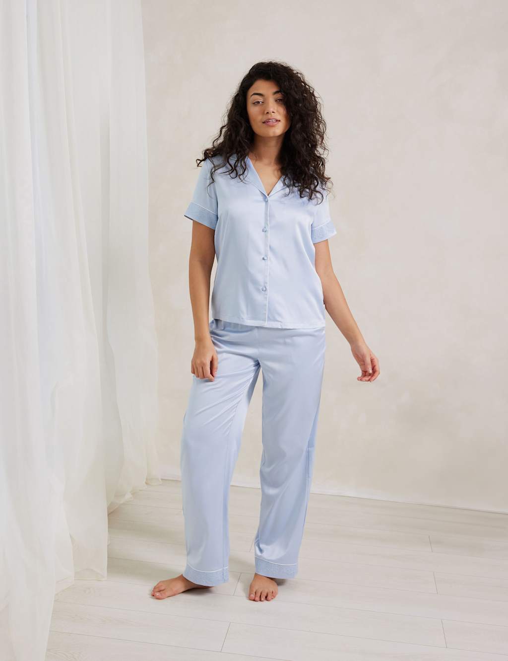 Satin Lace Trim Button Up Pyjama Set