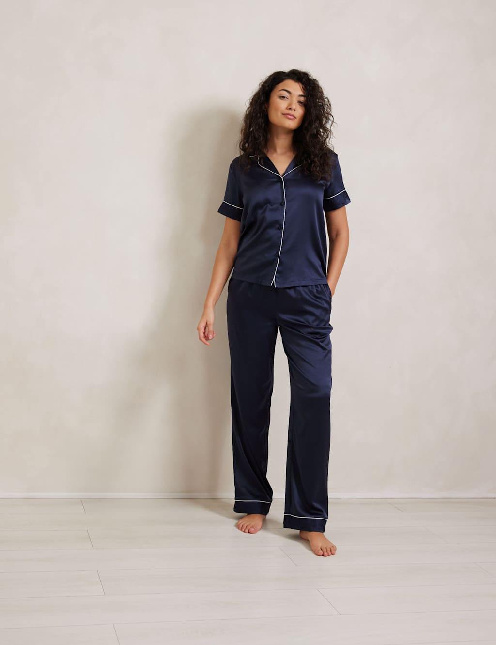 Satin Lace Trim Button Up Pyjama Set