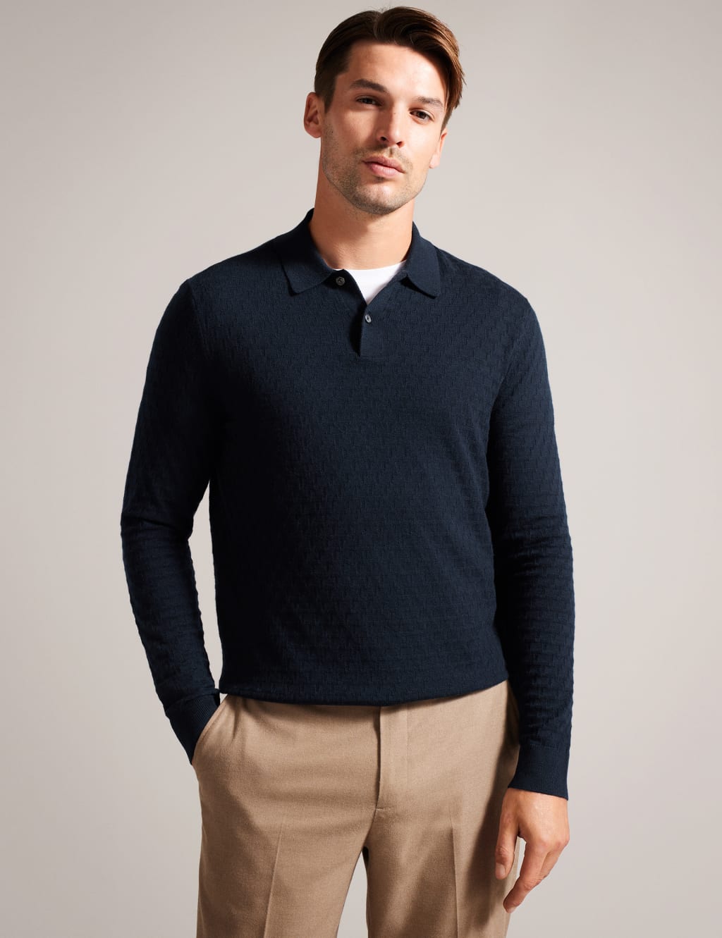Ted Baker Men's Textured Knitted Polo Shirt with Wool - XL - Navy, Navy