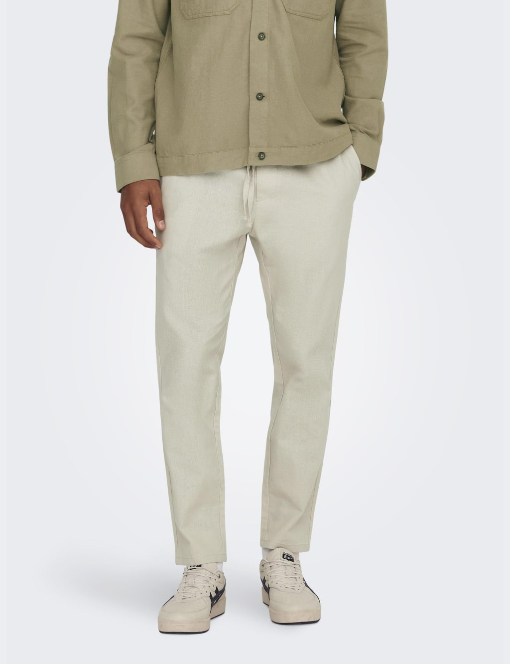 ONLY & SONS Tapered Fit Cotton Rich Trousers with Linen Beige
