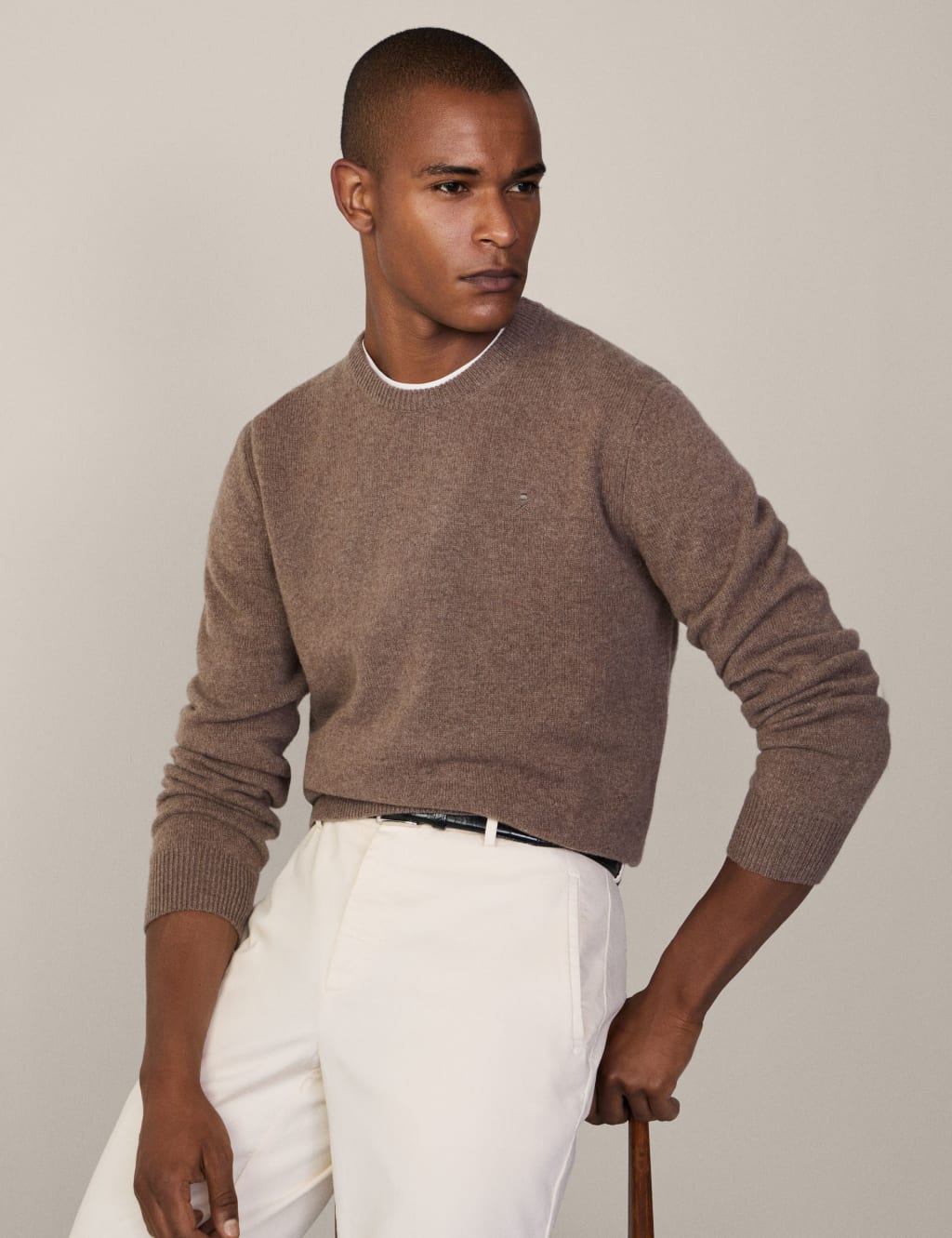 Hackett Men's Pure Lambswool Crew Neck Jumper - Beige, Beige,Navy