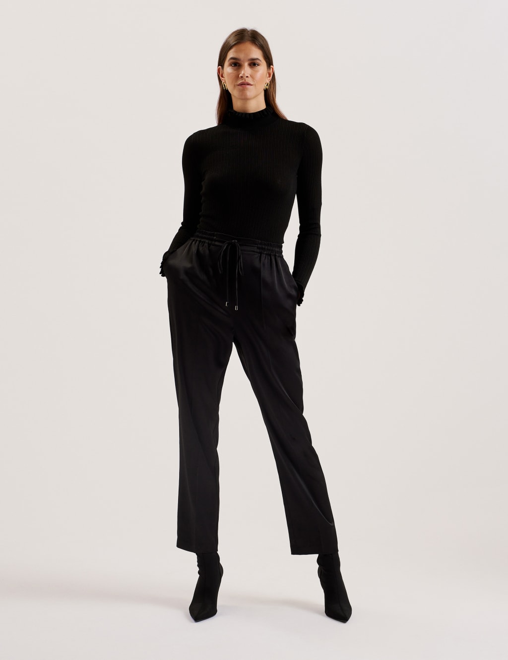 Ribbed Funnel Neck Frill Detail Jumper