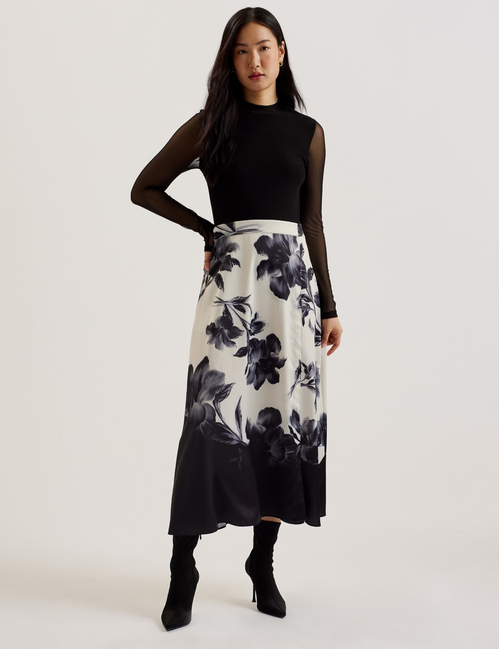 Mesh Floral Midi Waisted Dress