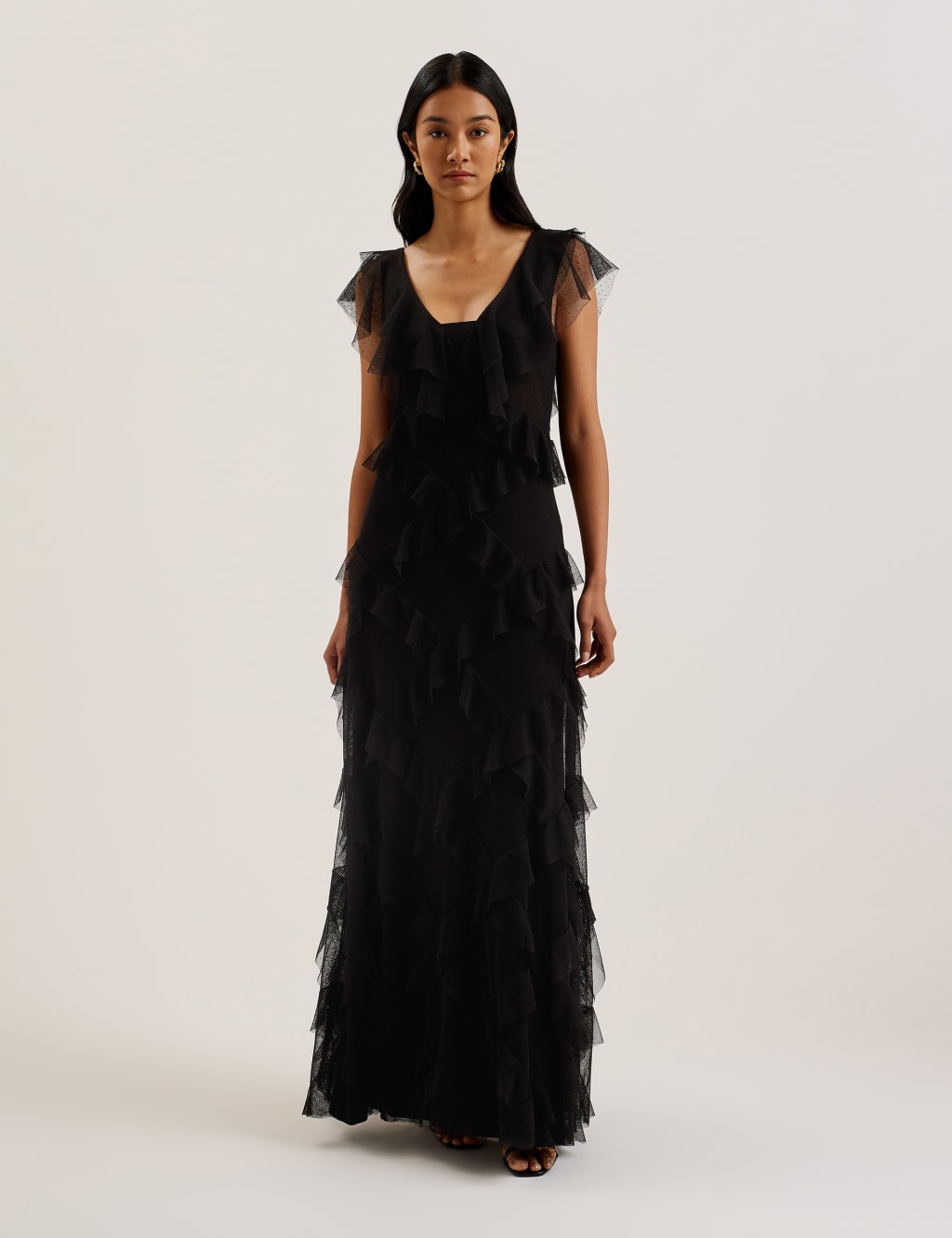 Mesh Ruffle Maxi Dress