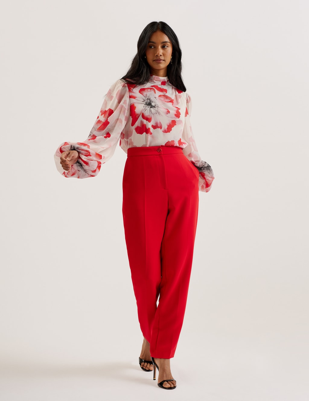 Floral High Neck Blouson Sleeve Blouse