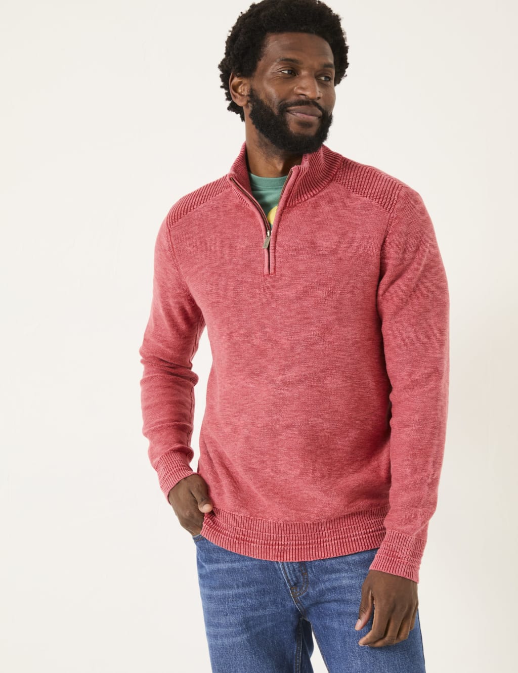Pure Cotton Textured Half Zip Jumper