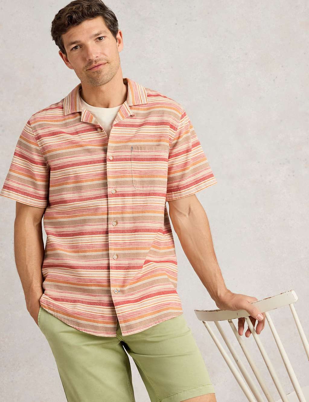 White Stuff Men's Pure Cotton Striped Short Sleeve Shirt - M - Red Mix, Red Mix