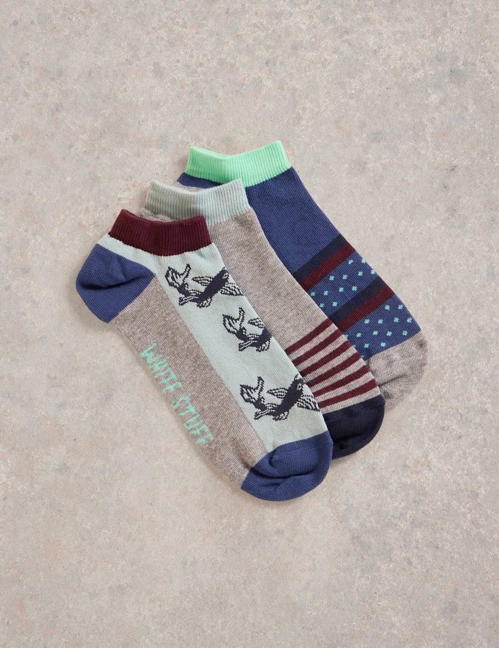 White Stuff Men's 3pk Fish Cotton Rich Trainer Socks - 10-12 - Grey Mix, Grey Mix