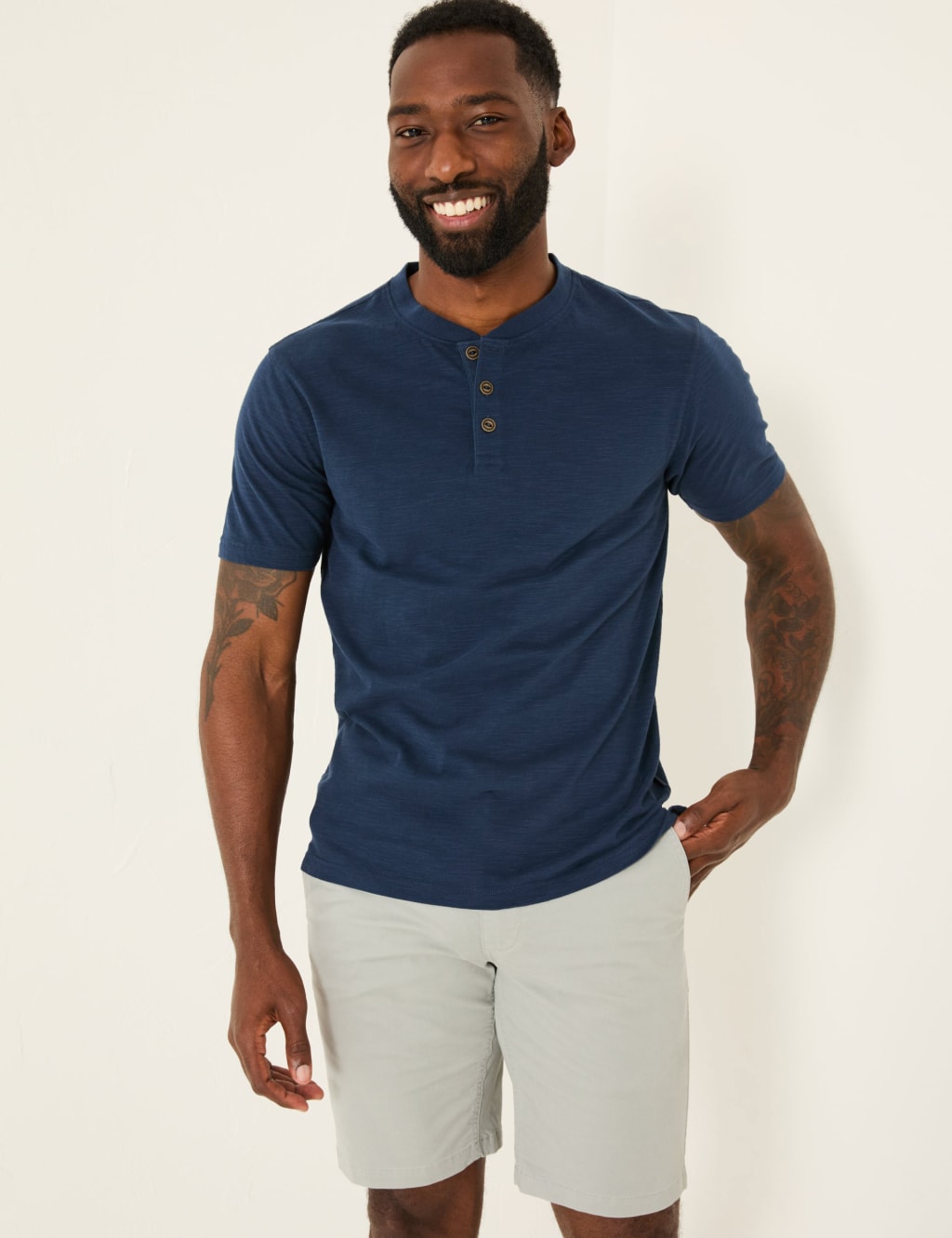 Pure Cotton Crew Neck Henley T-Shirt