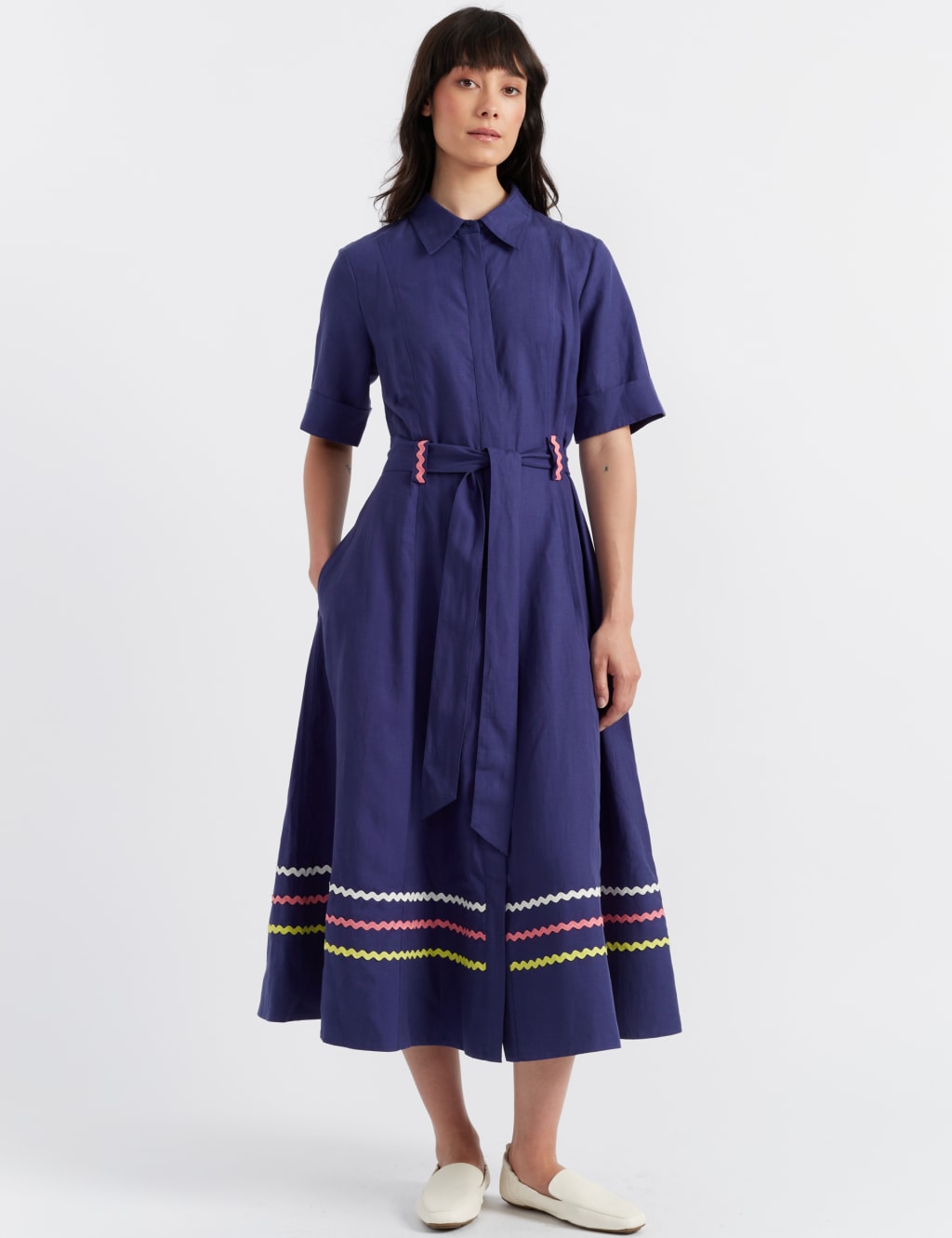 Linen Blend Belted Midaxi Shirt Dress