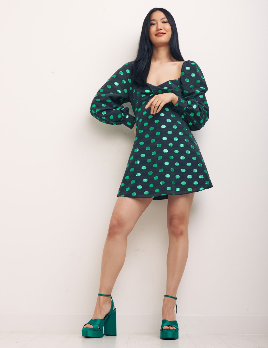 Cotton Blend Polka Dot Mini Smock Dress