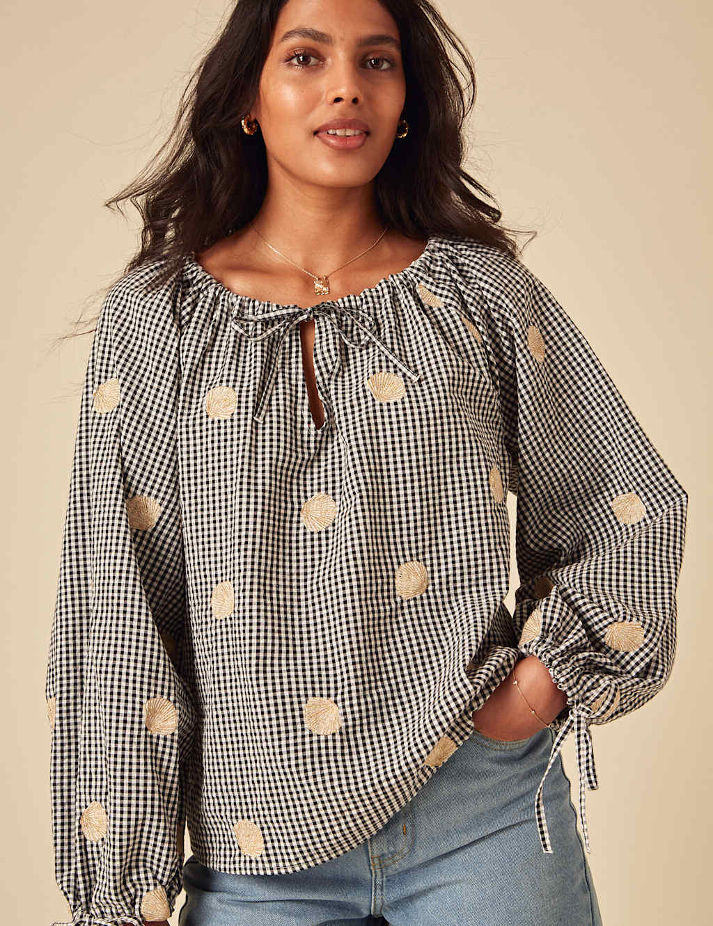 Gingham Tie Neck Smocked Blouse
