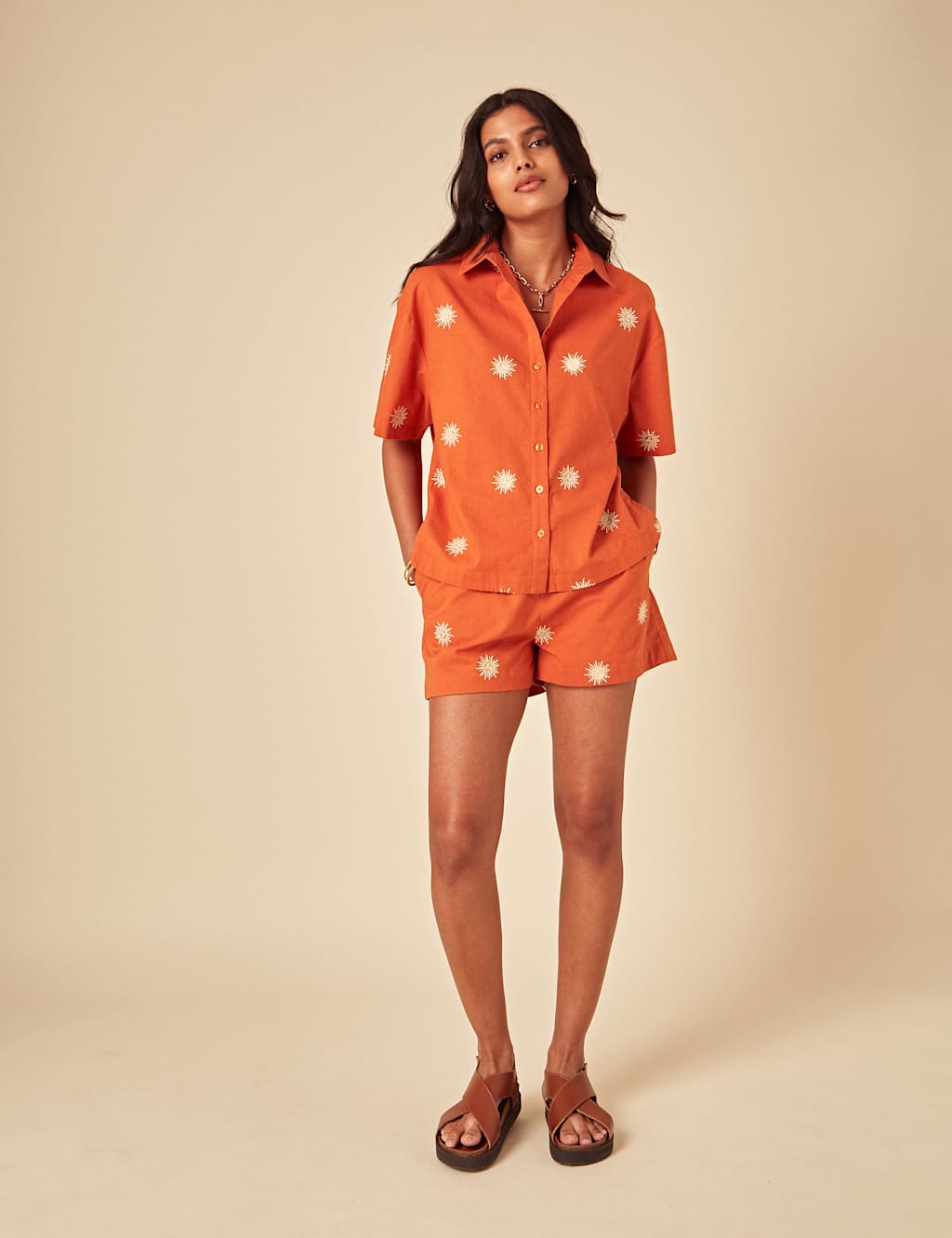 Linen Blend Embroidered Collared Relaxed Shirt