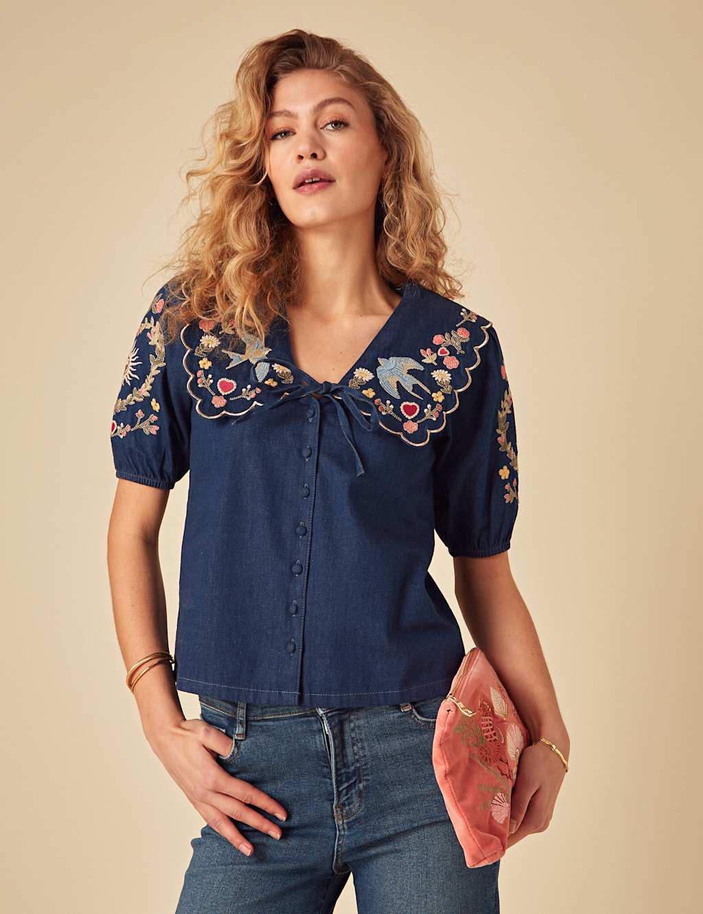 Pure Cotton Collared Relaxed Puff Sleeve Blouse