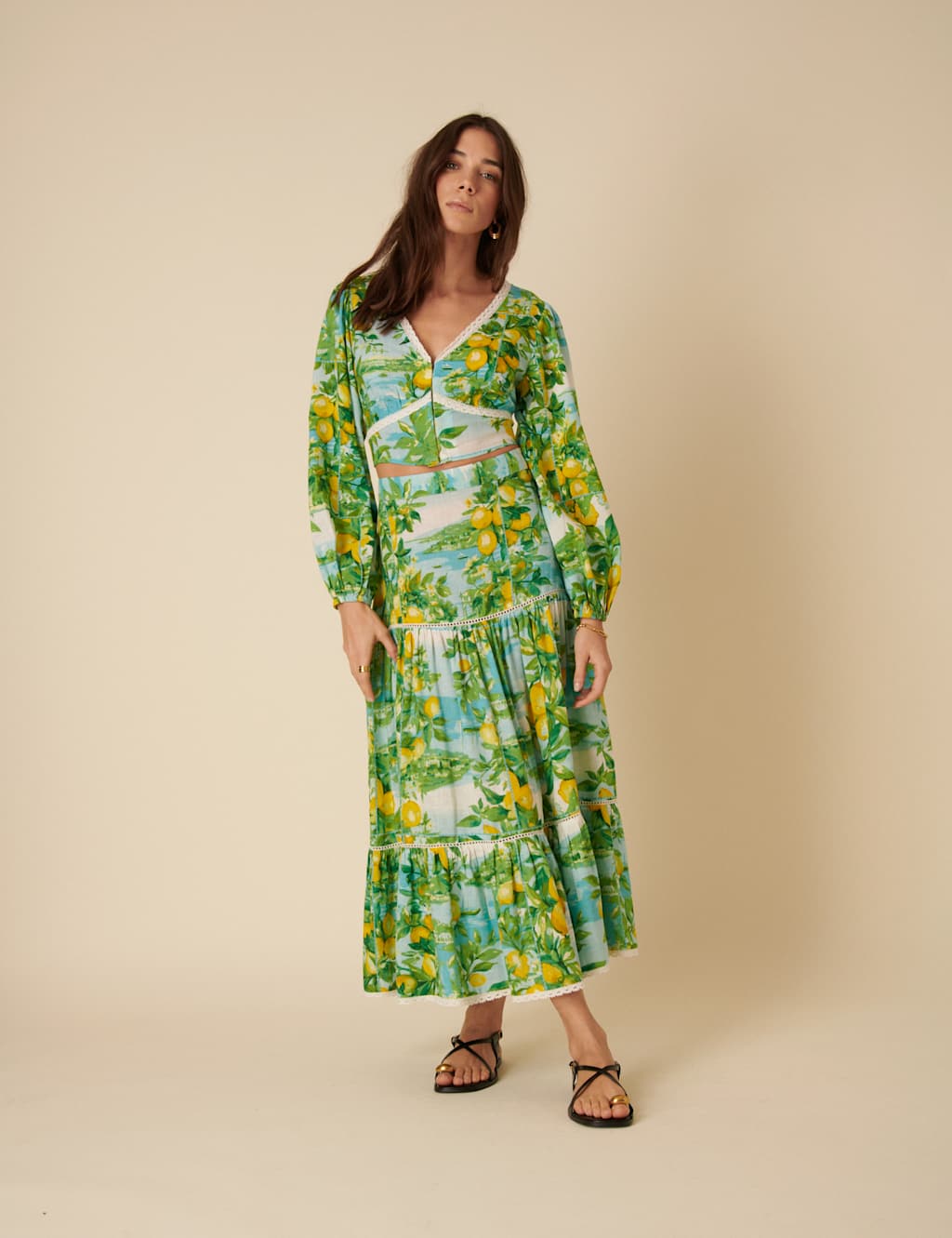 Lemon Print Tiered Maxi Skirt with Linen