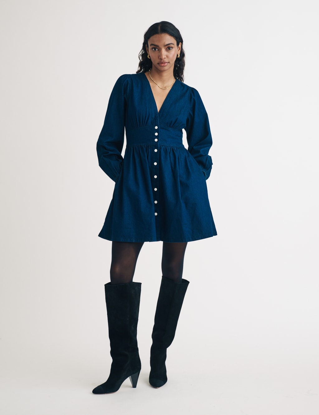 Pure Cotton Denim V-Neck Mini Waisted Dress