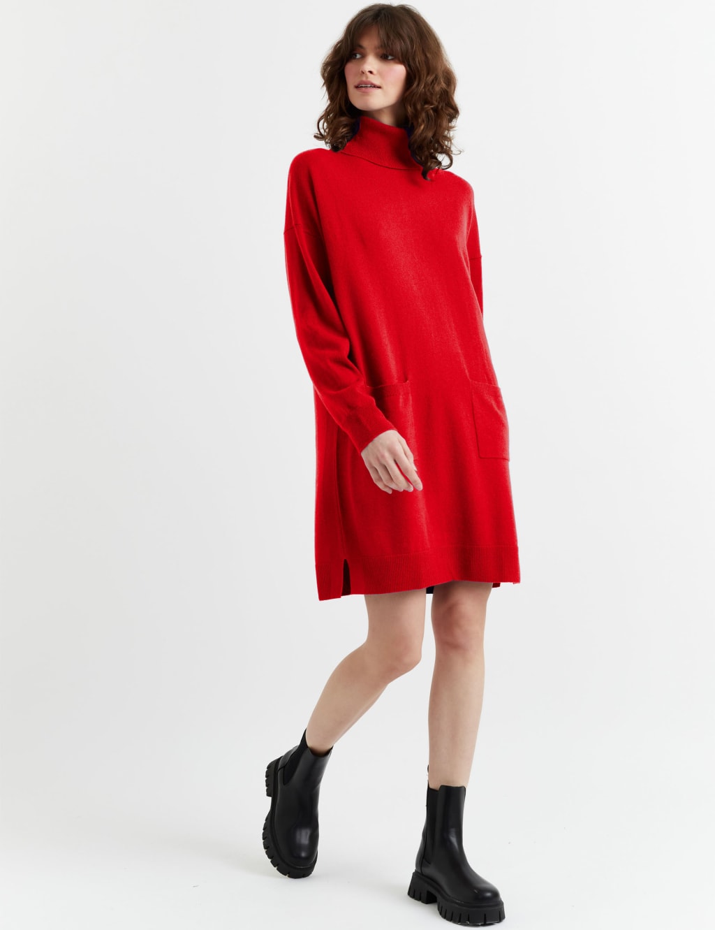 Wool Rich Knitted Roll Neck Mini Dress with Cashmere