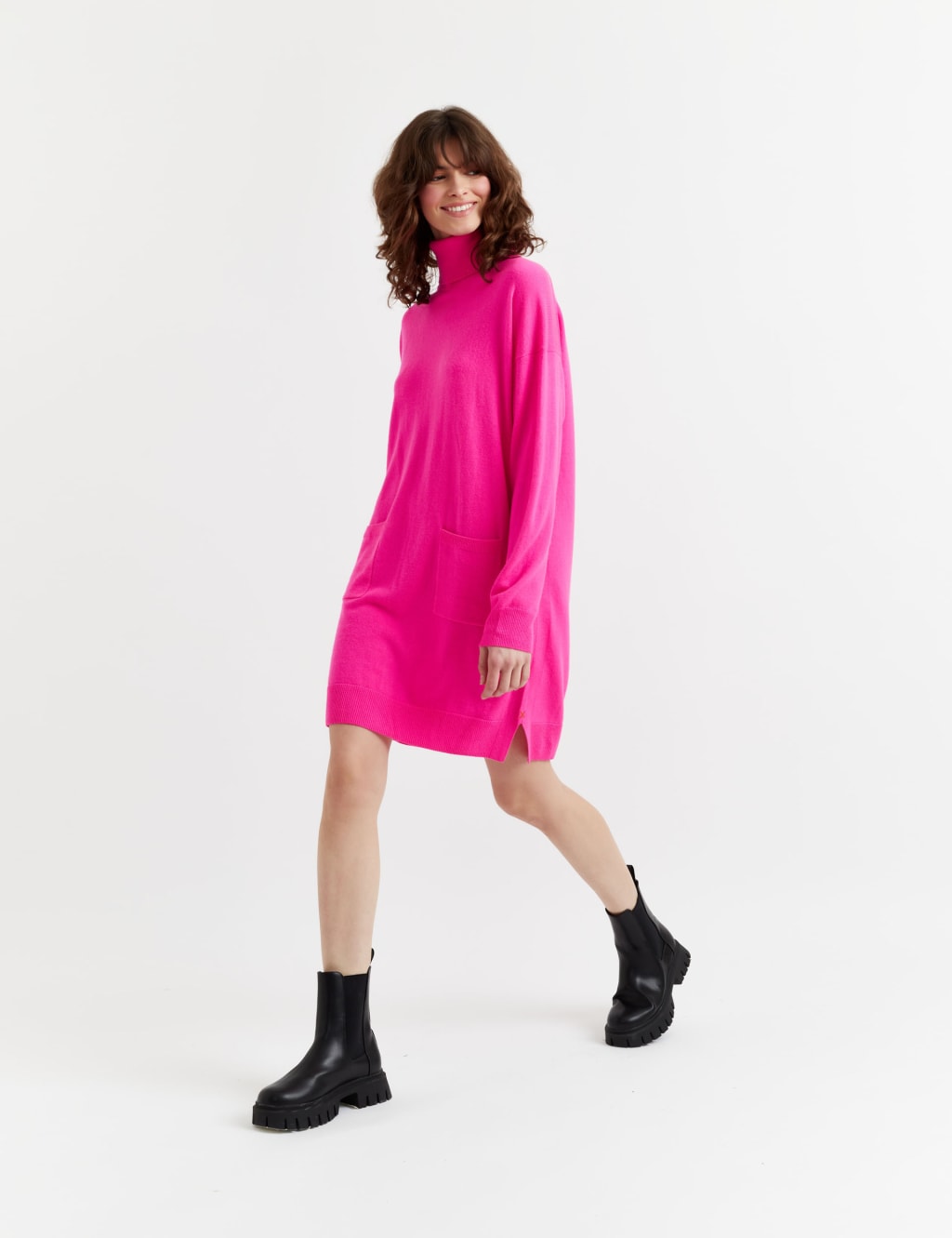 Wool Rich Knitted Roll Neck Mini Dress with Cashmere